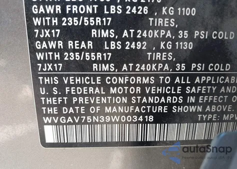 2009 Volkswagen Tiguan S/Se/Sel z USA, uszkodzony, nr VIN WVGAV75N39W003418